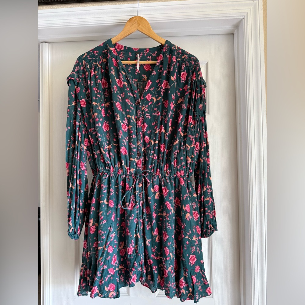 Free People Dark Green Pink Floral Long Sleeve Mini Dress Flowy Boho